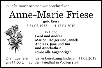 Traueranzeige von Anne-Marie Friese von Mitteldeutsche Zeitung Bitterfeld