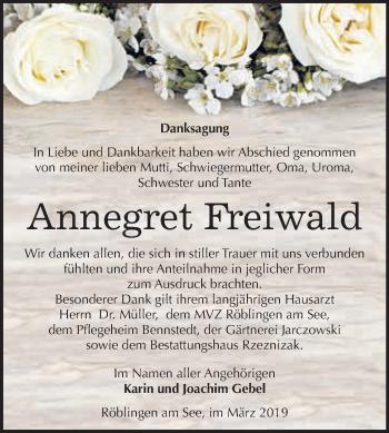 Traueranzeige von Annegret Freiwald von Wochenspiegel Mansfelder Land