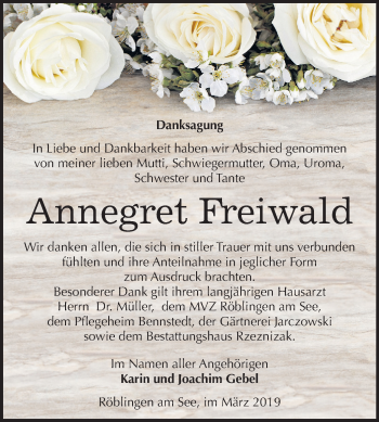 Traueranzeige von Annegret Freiwald von Mitteldeutsche Zeitung Mansfelder Land