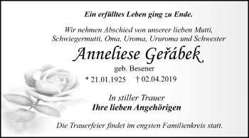 Traueranzeige von Anneliese Gerabek von Mitteldeutsche Zeitung Dessau-Roßlau