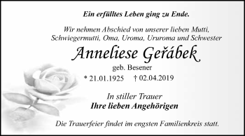 Traueranzeige von Anneliese Gerabek von WVG - Wochenspiegel Dessau / Köthen