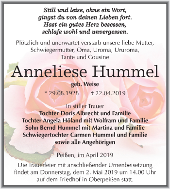 Traueranzeige von Anneliese Hummel von Mitteldeutsche Zeitung