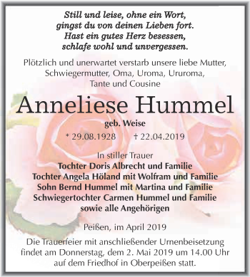 Traueranzeige von Anneliese Hummel von Super Sonntag Bernburg