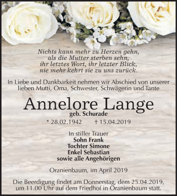 Traueranzeige von Annelore Lange von WVG - Wochenspiegel Wittenberg