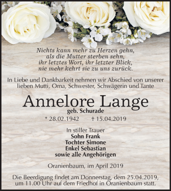 Traueranzeige von Annelore Lange von Mitteldeutsche Zeitung Wittenberg