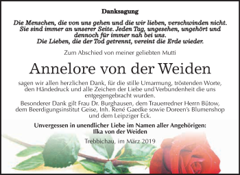 Traueranzeige von Annelore von der Weiden von WVG - Wochenspiegel Dessau / Köthen