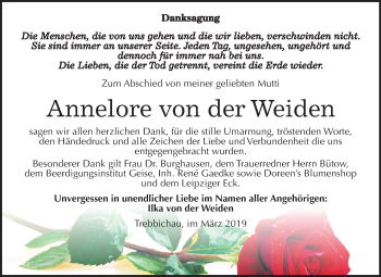 Traueranzeige von Annelore von der Weiden von Mitteldeutsche Zeitung Köthen