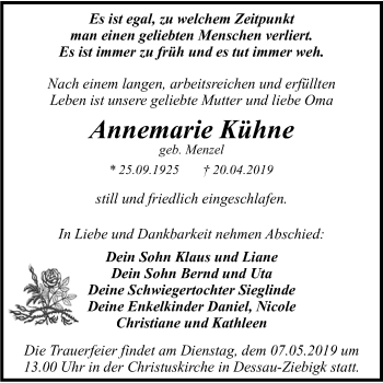 Traueranzeige von Annemarie Kühne von WVG - Wochenspiegel Dessau / Köthen