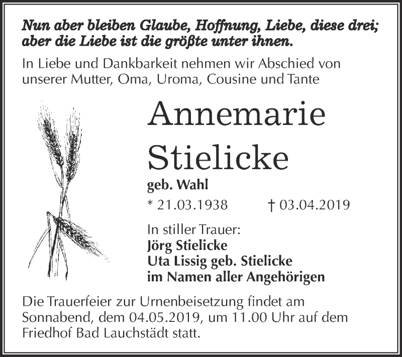  Traueranzeige für Annemarie Stielicke vom 27.04.2019 aus WVG - Wochenspiegel Merseburg