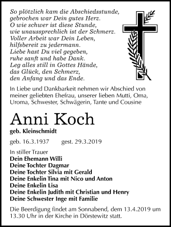 Traueranzeige von Anni Koch von WVG - Wochenspiegel Merseburg