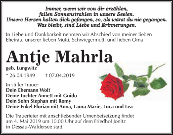 Traueranzeige von Antje Mahrla von WVG - Wochenspiegel Dessau / Köthen