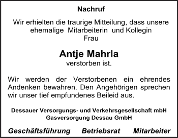 Traueranzeige von Antje Mahrla von Super Sonntag Dessau / Köthen