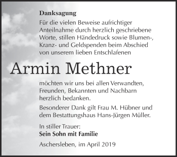 Traueranzeige von Armin Methner von Super Sonntag Aschersleben