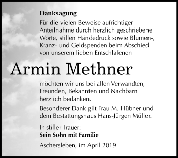 Traueranzeige von Armin Methner von Mitteldeutsche Zeitung Aschersleben