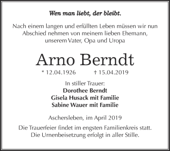 Traueranzeige von Arno Berndt von Super Sonntag Aschersleben