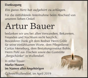 Traueranzeige von Artur Bauer von WVG - Wochenspiegel Merseburg