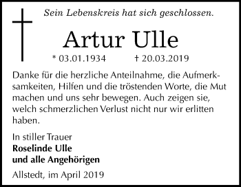 Traueranzeige von Artur Ulle von Mitteldeutsche Zeitung Sangerhausen