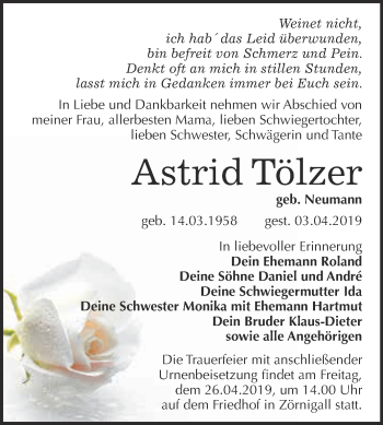 Traueranzeige von Astrid Tölzer von WVG - Wochenspiegel Wittenberg