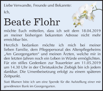 Traueranzeige von Beate Flohr von Mitteldeutsche Zeitung Dessau-Roßlau