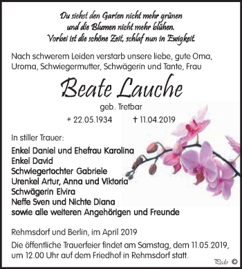 Traueranzeige von Beate Lauche von WVG - Wochenspiegel NMB / WSF / ZTZ