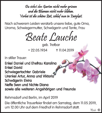 Traueranzeige von Beate Lauche von Mitteldeutsche Zeitung Zeitz