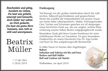 Traueranzeige von Beatrix Müller von Wochenspiegel Mansfelder Land