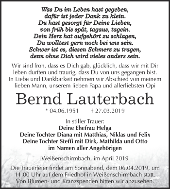 Traueranzeige von Bernd Lauterbach von WVG - Wochenspiegel NMB / WSF / ZTZ