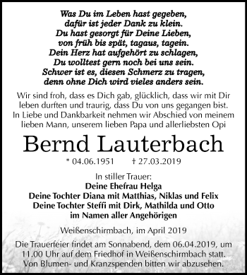 Traueranzeige von Bernd Lauterbach von Mitteldeutsche Zeitung Merseburg/Querfurt