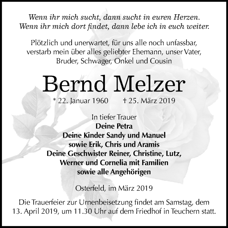  Traueranzeige für Bernd Melzer vom 06.04.2019 aus Mitteldeutsche Zeitung Weißenfels