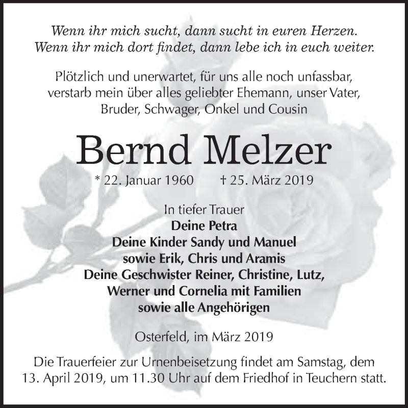  Traueranzeige für Bernd Melzer vom 03.04.2019 aus WVG - Wochenspiegel NMB / WSF / ZTZ