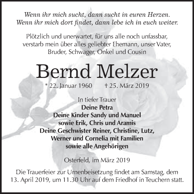  Traueranzeige für Bernd Melzer vom 06.04.2019 aus WVG - Wochenspiegel NMB / WSF / ZTZ