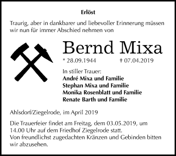 Traueranzeige von Bernd Mixa von Mitteldeutsche Zeitung