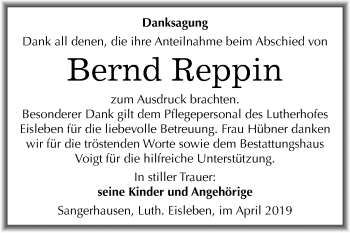 Traueranzeige von Bernd Reppin von Mitteldeutsche Zeitung Sangerhausen