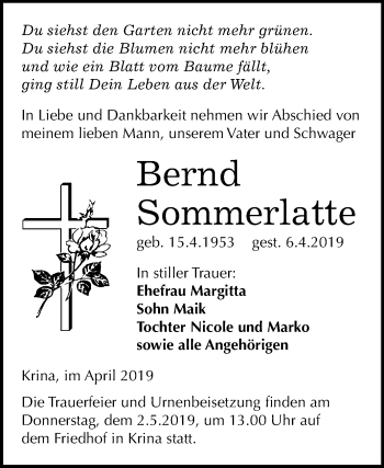 Traueranzeige von Bernd Sommerlatte von Mitteldeutsche Zeitung Bitterfeld