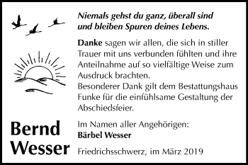 Traueranzeige von Bernd Wesser von Mitteldeutsche Zeitung Halle/Saalkreis