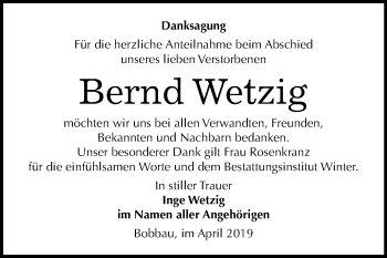 Traueranzeige von Bernd Wetzig von Mitteldeutsche Zeitung Bitterfeld