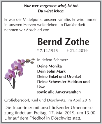 Traueranzeige von Bernd Zothe von Mitteldeutsche Zeitung