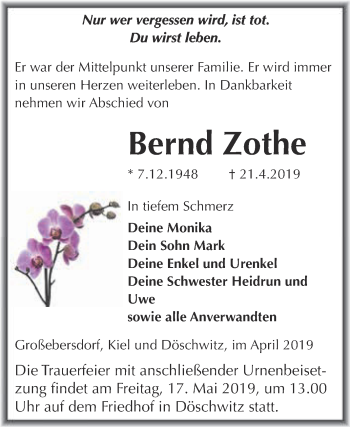Traueranzeige von Bernd Zothe von WVG - Wochenspiegel NMB / WSF / ZTZ