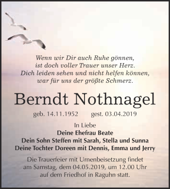 Traueranzeige von Berndt Nothnagel von WVG - Wochenspiegel Bitterfeld