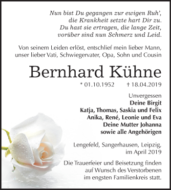 Traueranzeige von Bernhard Kühne von Mitteldeutsche Zeitung Sangerhausen