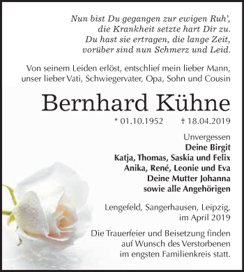 Traueranzeige von Bernhard Kühne von Super Sonntag SGH Mansf. Land