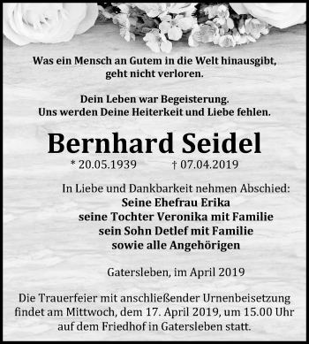 Traueranzeige von Bernhard Seidel von Mitteldeutsche Zeitung Aschersleben