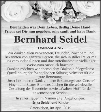 Traueranzeige von Bernhard Seidel von Super Sonntag Aschersleben