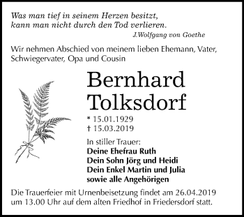 Traueranzeige von Bernhard Tolksdorf von Mitteldeutsche Zeitung Bitterfeld