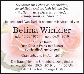 Traueranzeige von Betina Winkler von WVG - Wochenspiegel Wittenberg