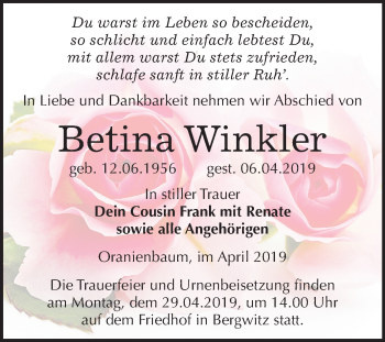 Traueranzeige von Betina Winkler von Mitteldeutsche Zeitung