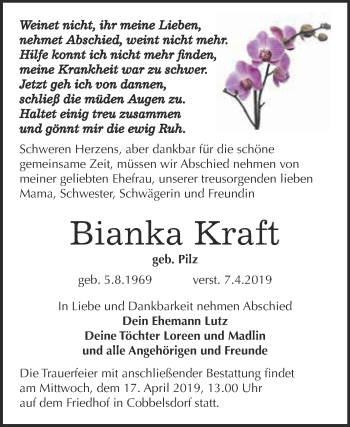 Traueranzeige von Bianka Kraft von Super Sonntag Wittenberg