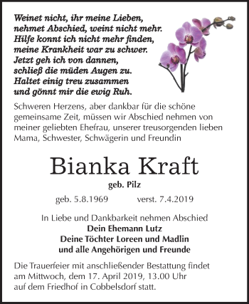 Traueranzeige von Bianka Kraft von Mitteldeutsche Zeitung