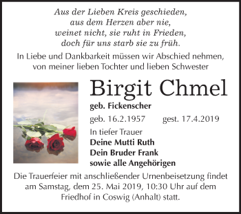 Traueranzeige von Birgit Chmel von Mitteldeutsche Zeitung