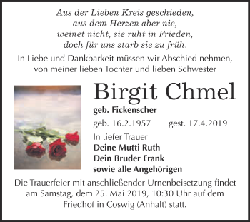 Traueranzeige von Birgit Chmel von Super Sonntag Wittenberg